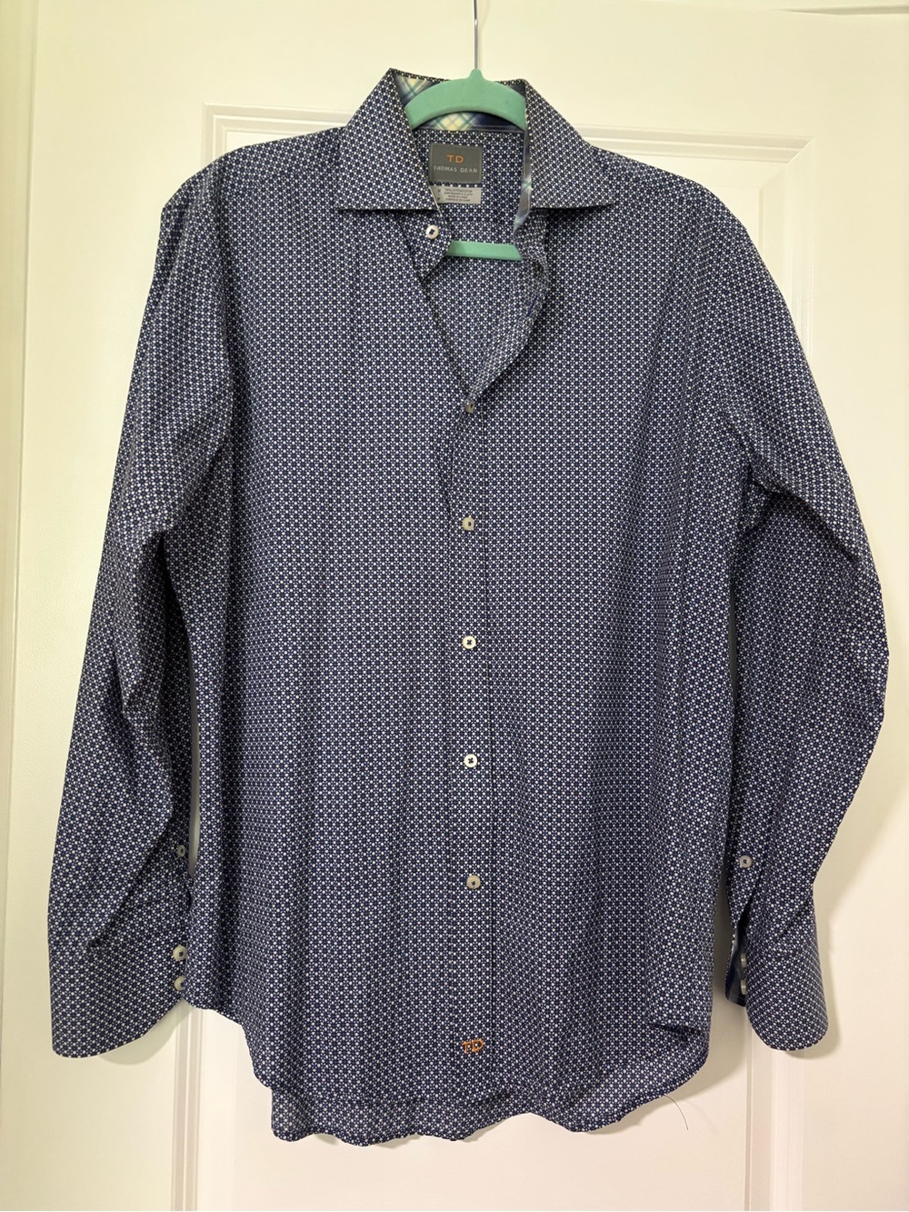 Thomas Dean Navy Micro-Print Long Sleeve Button-Down Shirt
